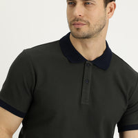 Orta Haki Polo Yaka Slim Fit Dar Kesim Desenli Pamuk Tişört