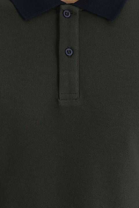 Orta Haki Polo Yaka Slim Fit Dar Kesim Desenli Pamuk Tişört