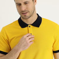 Neon Sarı Polo Yaka Slim Fit Dar Kesim Desenli Pamuk Tişört