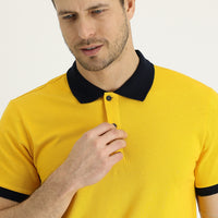 Neon Yellow Polo Collar Slim Fit Patterned Cotton T-shirt