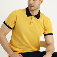 Koyu Sarı Polo Yaka Slim Fit Dar Kesim Desenli Pamuk Tişört
