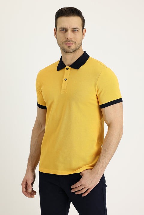 Koyu Sarı Polo Yaka Slim Fit Dar Kesim Desenli Pamuk Tişört