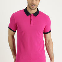 Fuşya Polo Yaka Slim Fit Dar Kesim Desenli Pamuk Tişört