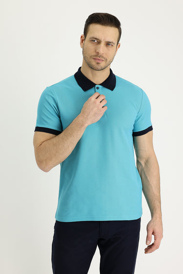 Zümrüt Yeşili Polo Yaka Slim Fit Dar Kesim Desenli Pamuk Tişört