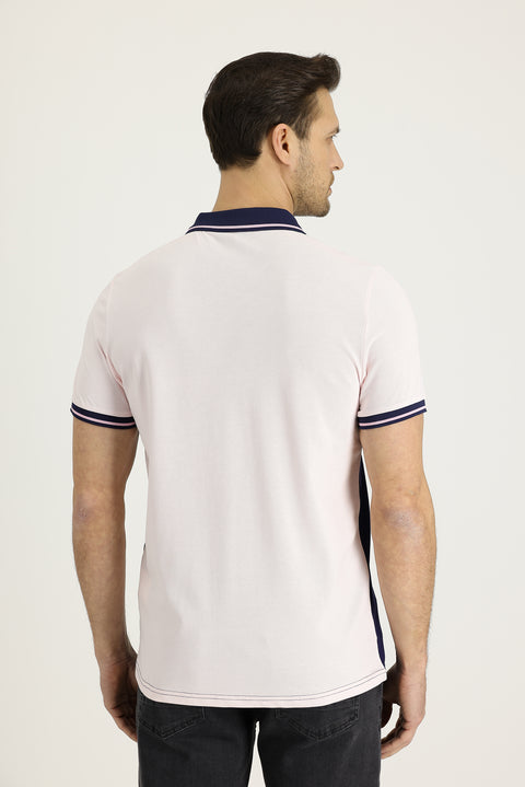 Pink Polo Neck Slim Fit Patterned Cotton T-Shirt