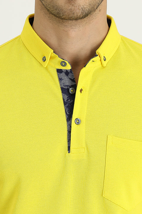 Koyu Sarı Polo Yaka Slim Fit Dar Kesim Desenli Pamuk Tişört