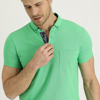 Çağla Yeşili Polo Yaka Slim Fit Dar Kesim Desenli Pamuk Tişört