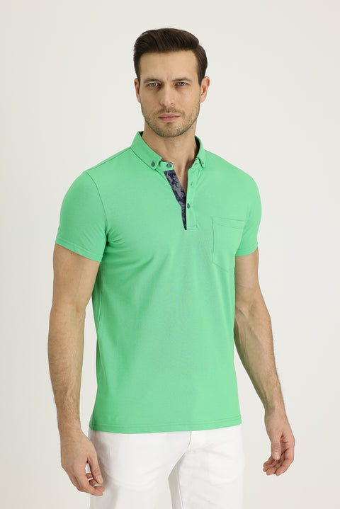 Çağla Yeşili Polo Yaka Slim Fit Dar Kesim Desenli Pamuk Tişört
