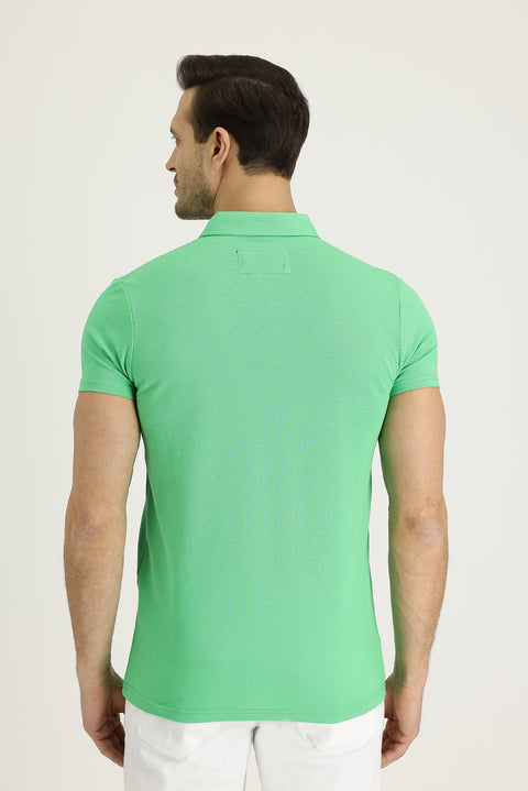 Çağla Yeşili Polo Yaka Slim Fit Dar Kesim Desenli Pamuk Tişört