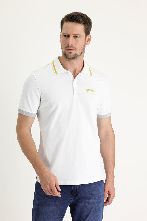 Beyaz Polo Yaka Slim Fit Dar Kesim Pamuklu Tişört