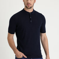 Orta Lacivert Polo Yaka Slim Fit Dar Kesim Keten Pamuklu Tişört