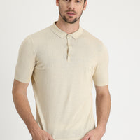Orta Bej Polo Yaka Slim Fit Dar Kesim Keten Tişört