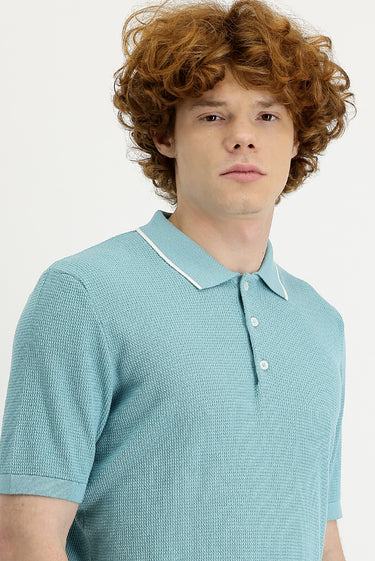 Orta Turkuaz Polo Yaka Slim Fit Dar Kesim Tişört