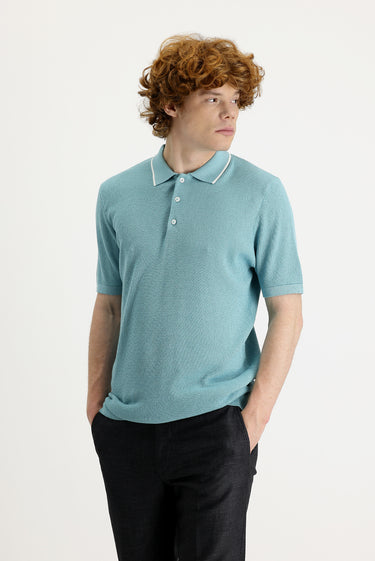 Orta Turkuaz Polo Yaka Slim Fit Dar Kesim Tişört