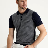 Orta Lacivert Polo Yaka Slim Fit Dar Kesim Desenli Tişört