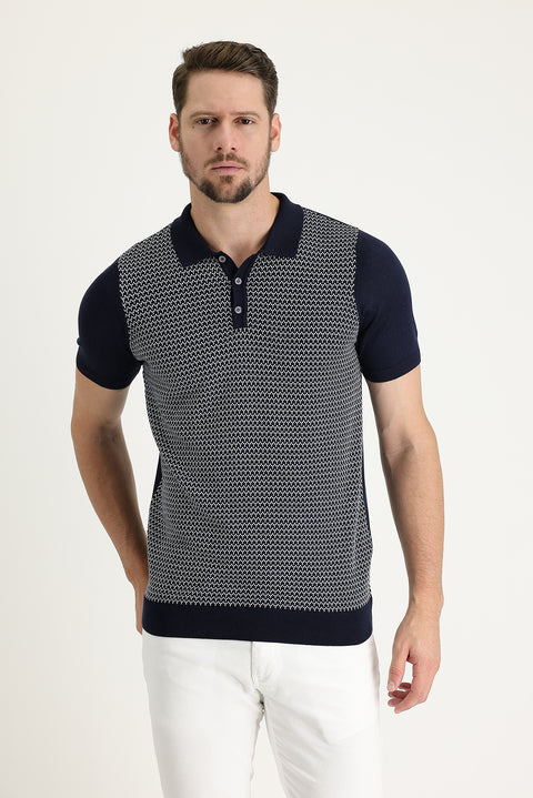 Orta Lacivert Polo Yaka Slim Fit Dar Kesim Desenli Tişört