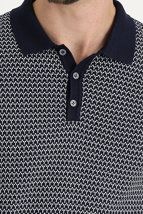 Orta Lacivert Polo Yaka Slim Fit Dar Kesim Desenli Tişört