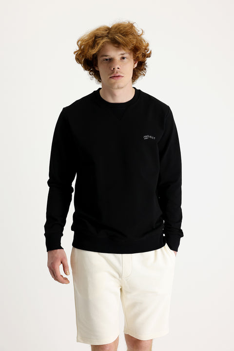 Siyah Bisiklet Yaka Slim Fit Dar Kesim Baskılı Sweatshirt