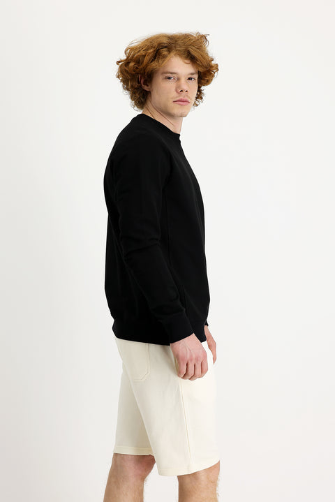Siyah Bisiklet Yaka Slim Fit Dar Kesim Baskılı Sweatshirt