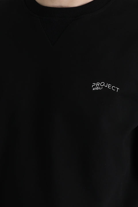 Siyah Bisiklet Yaka Slim Fit Dar Kesim Baskılı Sweatshirt