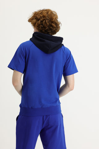 Saks Mavi Kapüşonlu Yarım Kol Baskılı Pamuklu Sweatshirt
