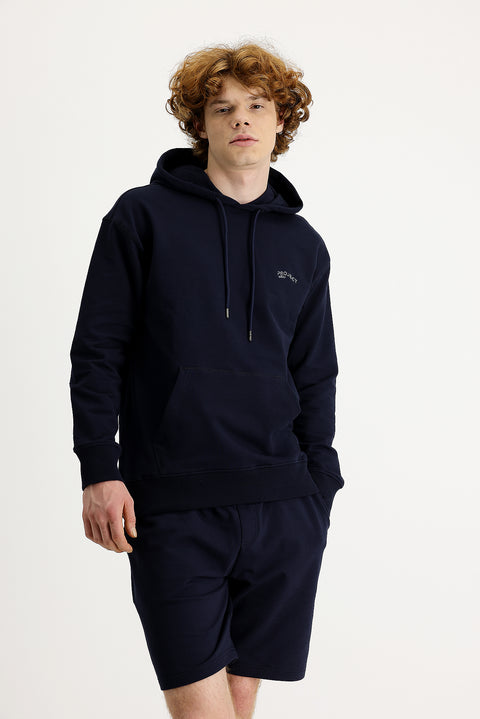 Medium Navy Hooded Printed Cotton Sweatshirt