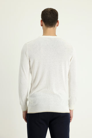 Beyaz Bisiklet Yaka Slim Fit Dar Kesim Pamuklu Keten Karışımlı Triko Kazak
