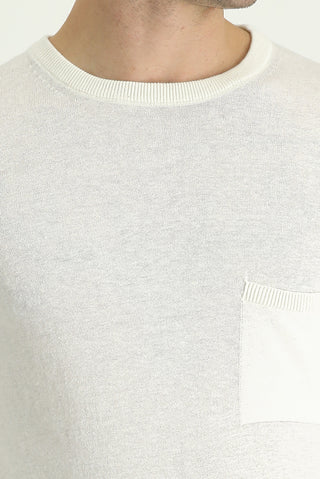 Beyaz Bisiklet Yaka Slim Fit Dar Kesim Pamuklu Keten Karışımlı Triko Kazak