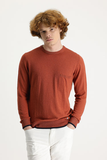 Kiremit Bisiklet Yaka Slim Fit Dar Kesim Pamuklu Keten Triko Kazak