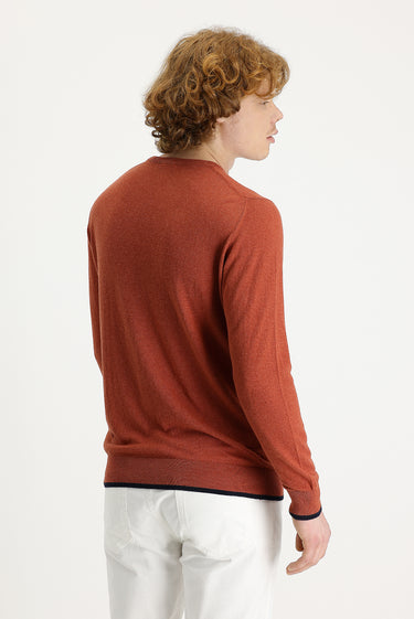 Kiremit Bisiklet Yaka Slim Fit Dar Kesim Pamuklu Keten Triko Kazak