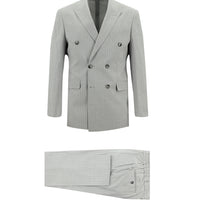 Orta Gri Slim Fit Dar Kesim Kruvaze Beli Lastikli İpli Çizgili Keten Takım Elbise
