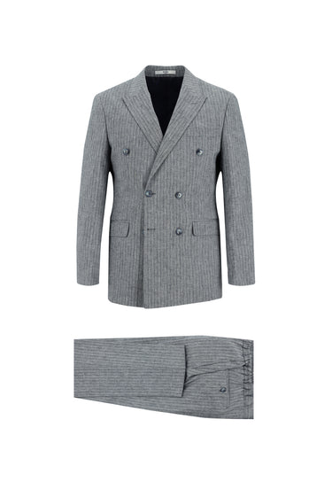 Orta Lacivert Slim Fit Dar Kesim Kruvaze Beli Lastikli İpli Çizgili Keten Karışımlı Takım Elbise