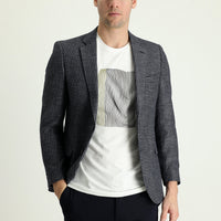 Koyu Lacivert 7 Drop Slim Fit Dar Kesim Desenli Keten Ceket