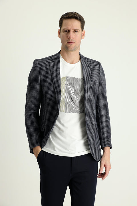 Koyu Lacivert 7 Drop Slim Fit Dar Kesim Desenli Keten Ceket