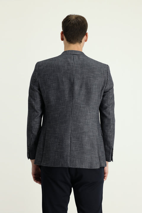 Koyu Lacivert 7 Drop Slim Fit Dar Kesim Desenli Keten Ceket