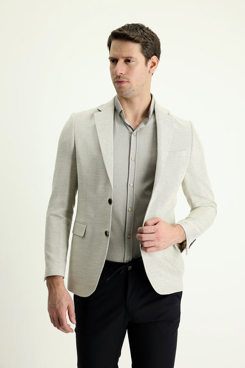 Krem 7 Drop Slim Fit Dar Kesim Desenli Pamuklu Keten Spor Ceket