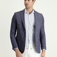 Açık Lacivert 7 Drop Slim Fit Dar Kesim Klasik Desenli Keten Ceket