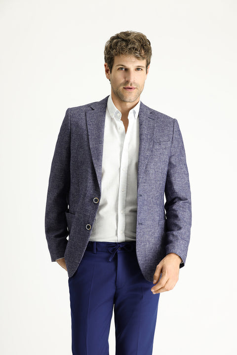 Açık Lacivert 7 Drop Slim Fit Dar Kesim Desenli Spor Keten Karışımlı Ceket