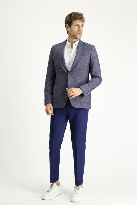 Açık Lacivert 7 Drop Slim Fit Dar Kesim Desenli Spor Keten Karışımlı Ceket