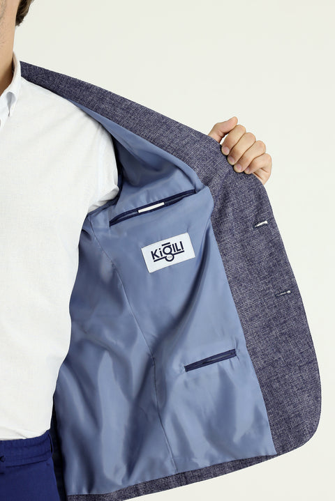 Açık Lacivert 7 Drop Slim Fit Dar Kesim Desenli Spor Keten Karışımlı Ceket