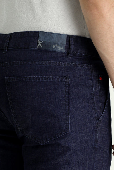 Orta Lacivert Regular Fit Standart Kesim Likralı Denim Look Pantolon