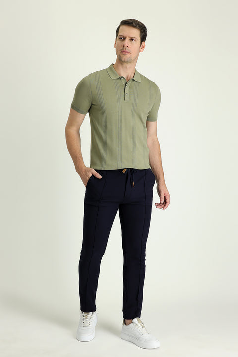 Koyu Lacivert Slim Fit Dar Kesim Beli Lastikli İpli Likralı Pantolon