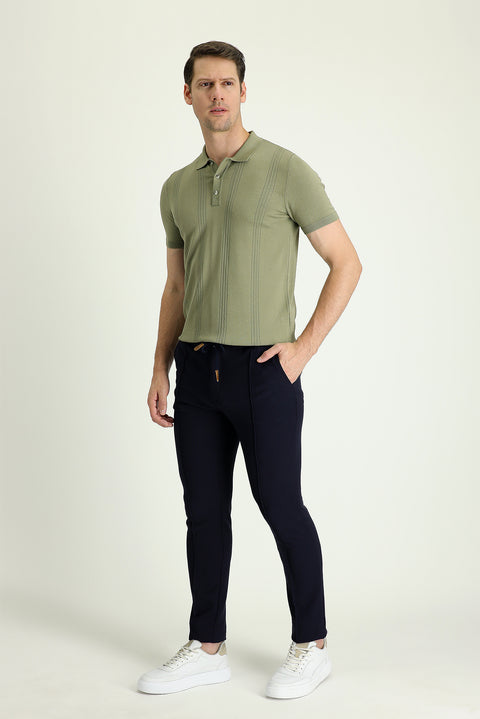 Koyu Lacivert Slim Fit Dar Kesim Beli Lastikli İpli Likralı Pantolon