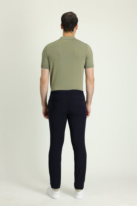 Koyu Lacivert Slim Fit Dar Kesim Beli Lastikli İpli Likralı Pantolon
