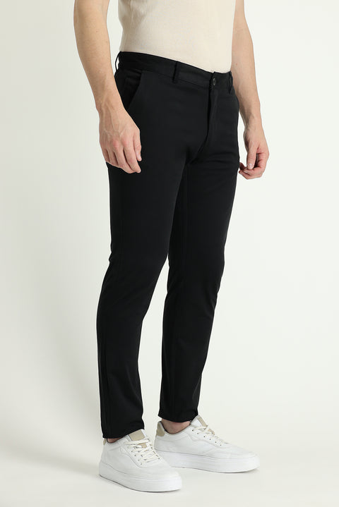Black Regular Fit Standard Cut Lycra Canvas / Chino Trousers