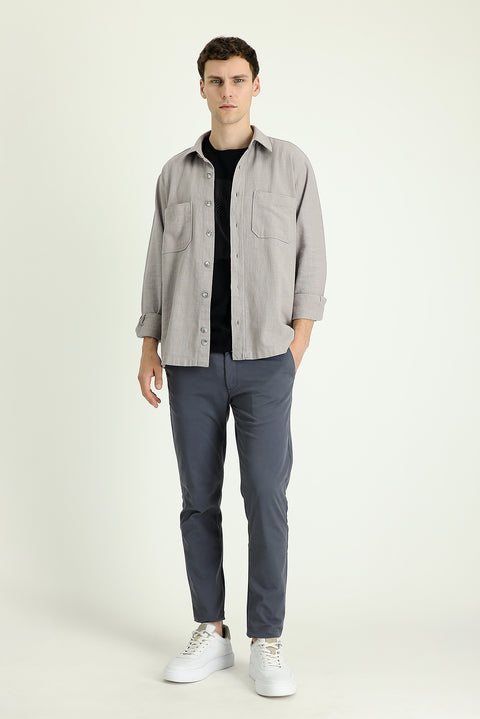 Orta Gri Slim Fit Dar Kesim Likralı Saten Kanvas / Chino Pantolon
