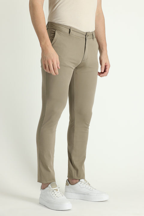 Açık Vizon Slim Fit Dar Kesim Likralı Saten Kanvas / Chino Pantolon