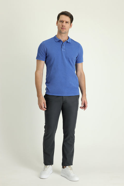 Mid-Smoke Regular Fit Standard Cut Buckled Cotton Canvas / Chino Trousers