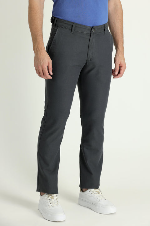 Mid-Smoke Regular Fit Standard Cut Buckled Cotton Canvas / Chino Trousers