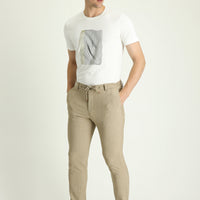 Açık Vizon 7 Drop Super Slim Fit Eksra Dar Kesim Beli Lastikli İpli Desenli Likralı Klasik Kumaş Pantolon